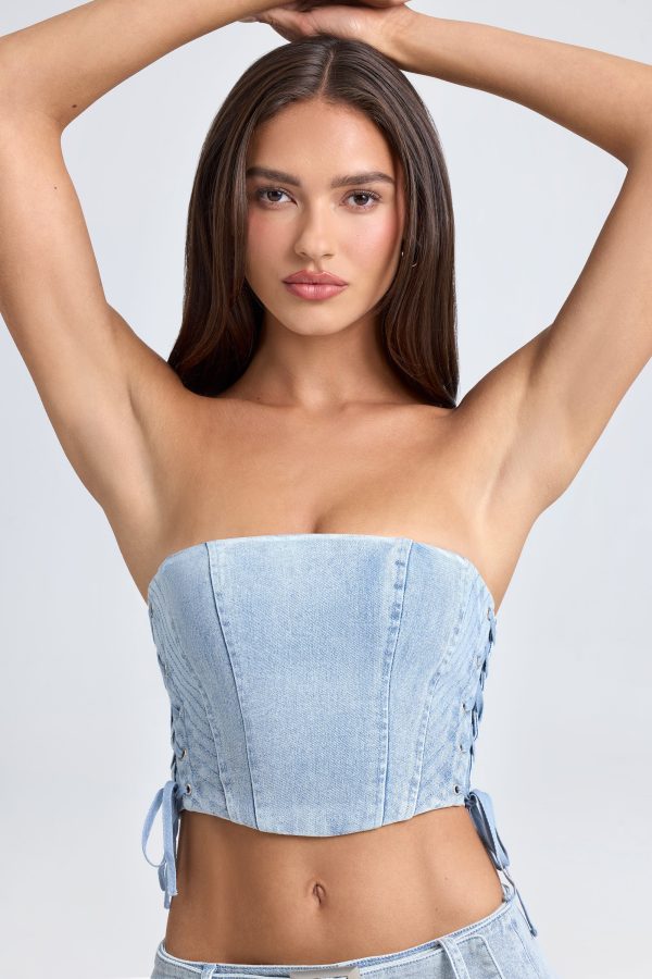 Bandeau Lace-Up Corset Crop Top in Light Blue Stonewash - Image 4