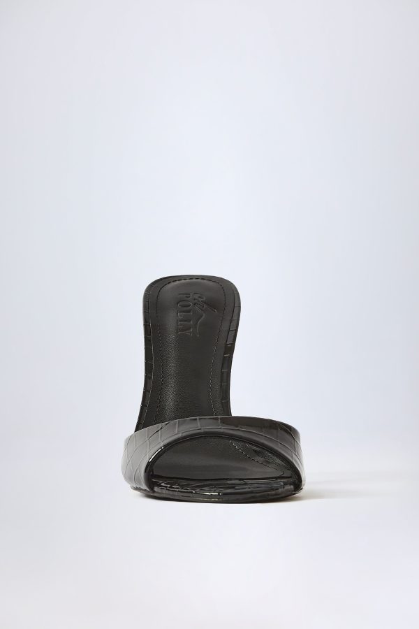 Almond-Toe Heeled Mules in Croc Patent Black - Image 3