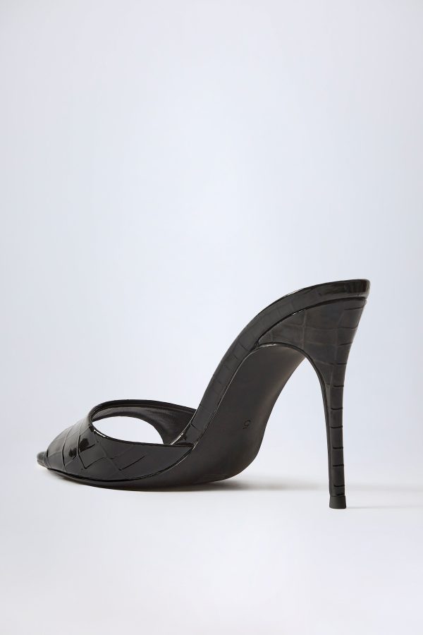 Almond-Toe Heeled Mules in Croc Patent Black - Image 5