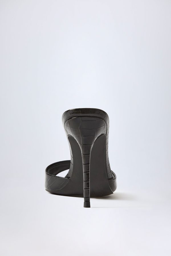 Almond-Toe Heeled Mules in Croc Patent Black - Image 2