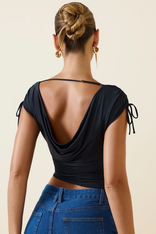 Asymmetric Ruched Cowl-Back Crop Top in Black - Image 2