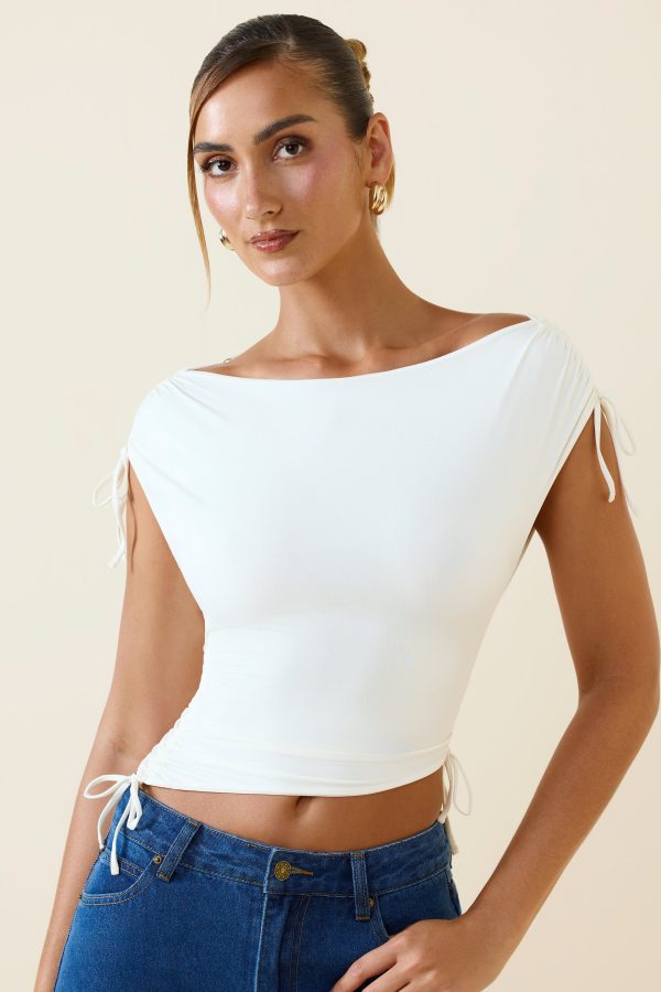 Asymmetric Ruched Cowl-Back Crop Top in Vanilla - Image 4