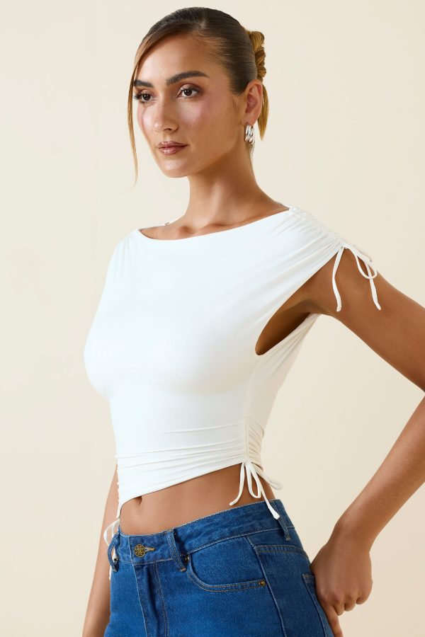 Asymmetric Ruched Cowl-Back Crop Top in Vanilla - Image 5