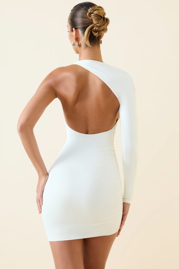 Asymmetric Ruched Open-Back Mini Dress in Vanilla - Image 2
