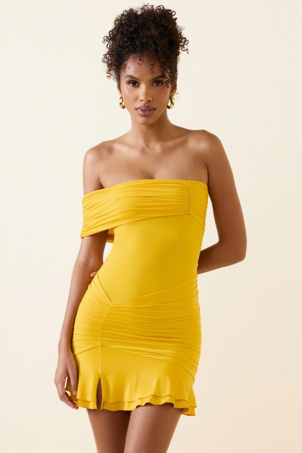 Asymmetric Ruched One-Shoulder Mini Dress in Golden Yellow - Image 5