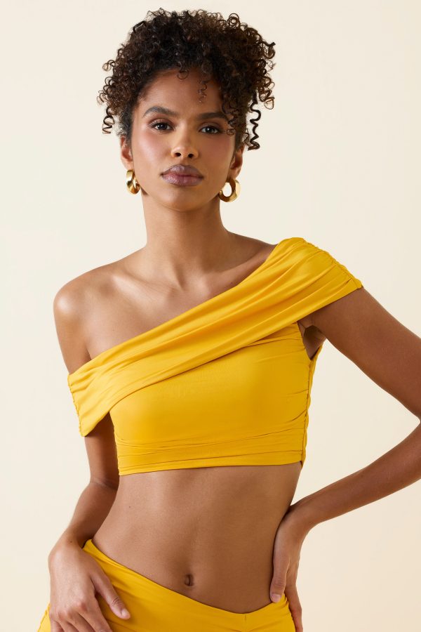 Asymmetric Ruched Off-Shoulder Crop Top in Golden Yellow - Image 6