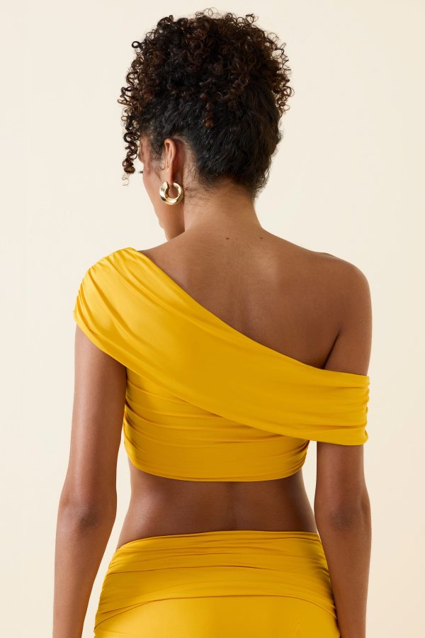 Asymmetric Ruched Off-Shoulder Crop Top in Golden Yellow - Image 2