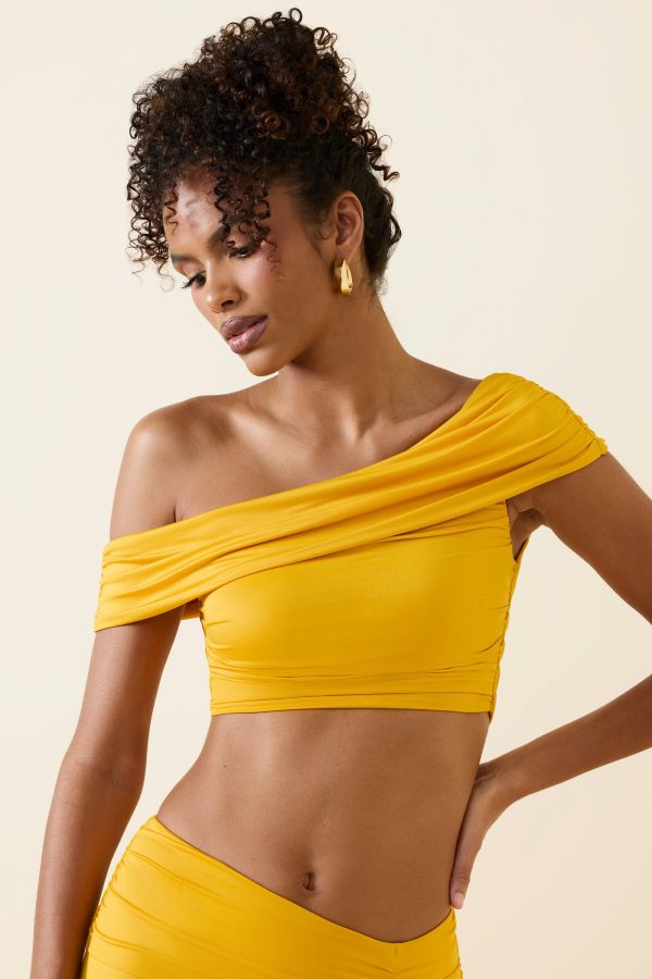 Asymmetric Ruched Off-Shoulder Crop Top in Golden Yellow - Image 4