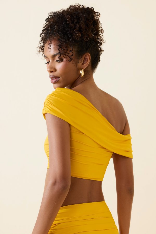 Asymmetric Ruched Off-Shoulder Crop Top in Golden Yellow - Image 5