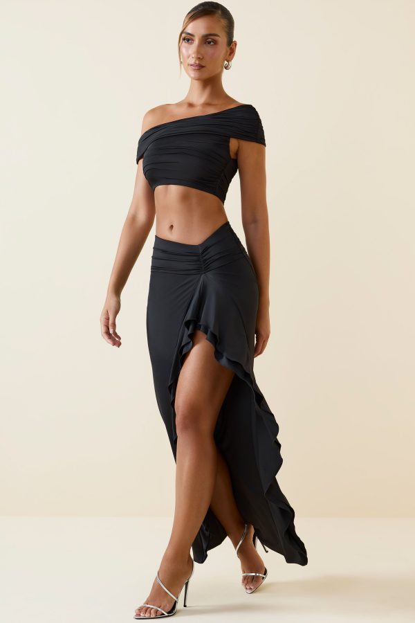 Asymmetric Ruffled Low-Rise Maxi Skirt in Black - Image 7