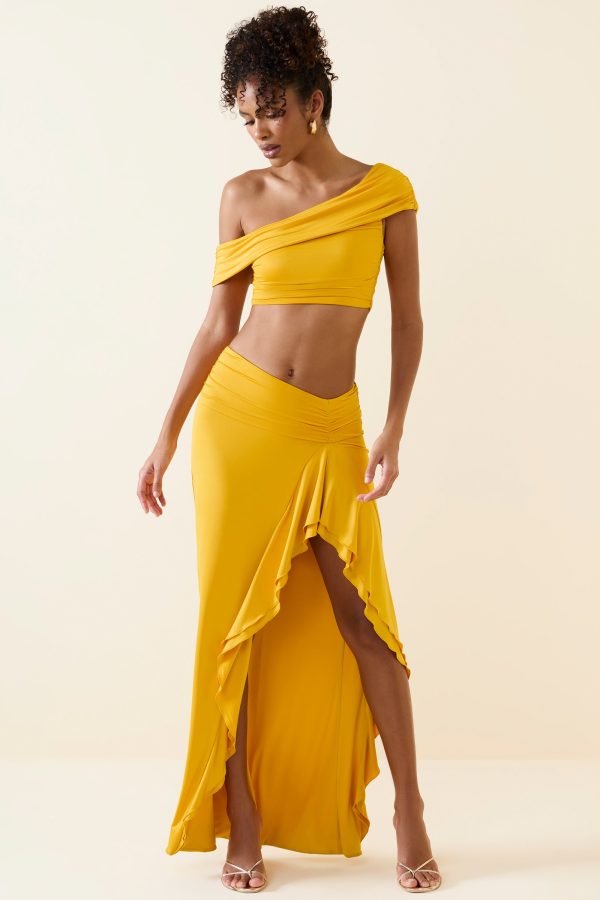 Asymmetric Ruffled Low-Rise Maxi Skirt in Golden Yellow - Image 4