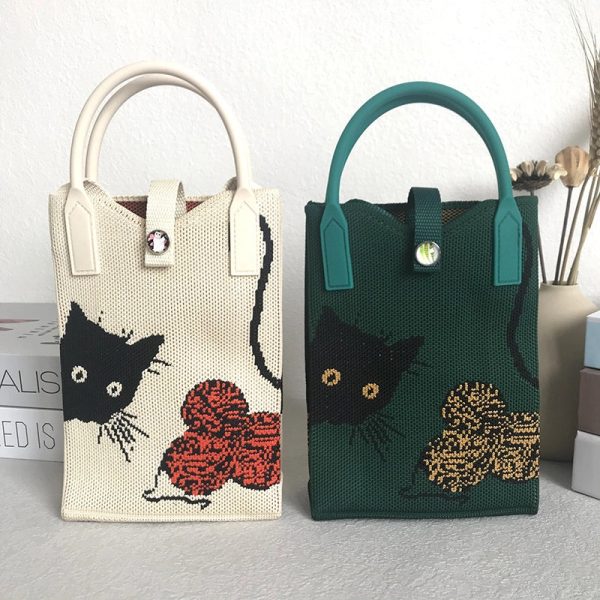 Niche Design Cute Cat Mini Knitted Phone Bag Women's Portable Knitted Shoulder Crossbody Bag Small Square Bag - Image 2