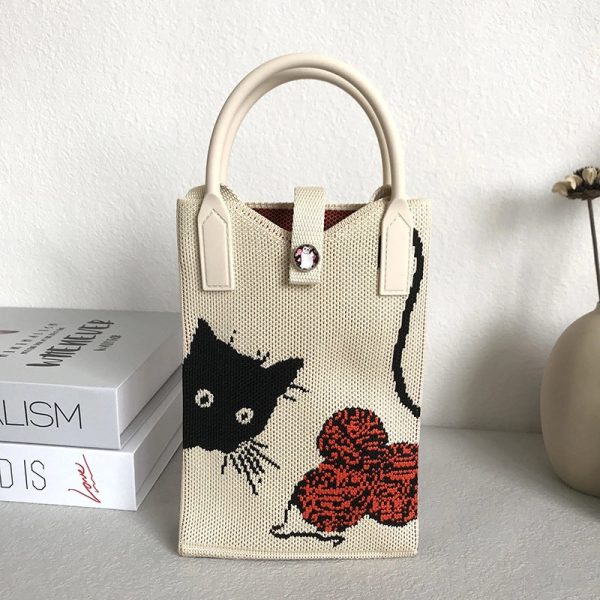 Niche Design Cute Cat Mini Knitted Phone Bag Women's Portable Knitted Shoulder Crossbody Bag Small Square Bag - Image 4