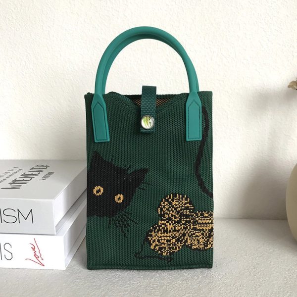 Niche Design Cute Cat Mini Knitted Phone Bag Women's Portable Knitted Shoulder Crossbody Bag Small Square Bag - Image 6
