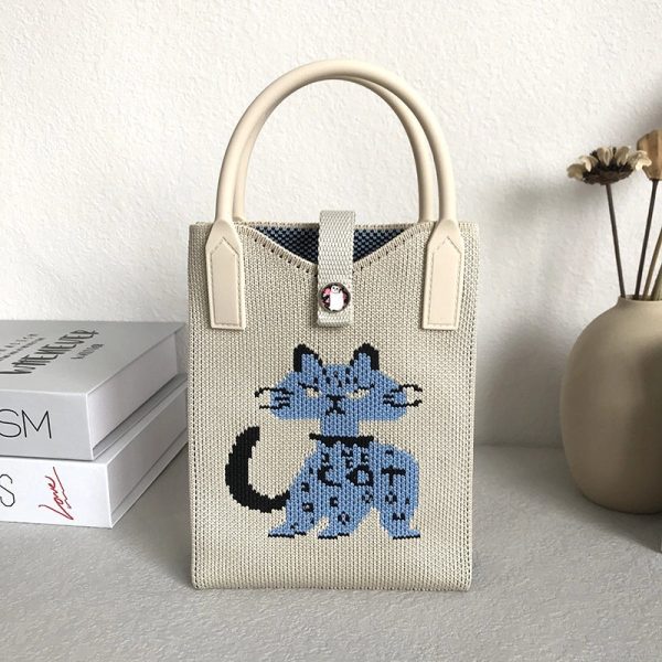 Niche Design Cute Cat Mini Knitted Phone Bag Women's Portable Knitted Shoulder Crossbody Bag Small Square Bag - Image 8
