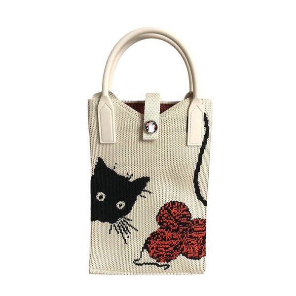 Niche Design Cute Cat Mini Knitted Phone Bag Women's Portable Knitted Shoulder Crossbody Bag Small Square Bag - Image 5