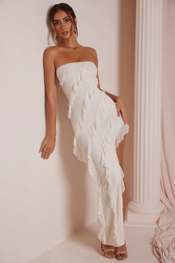 Bandeau Ruffle Detail Maxi Dress in Ivory - Image 10