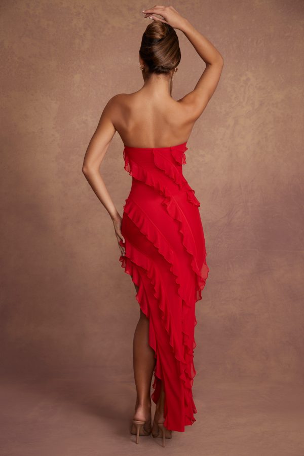 Bandeau Ruffle Detail Maxi Dress in Red - Image 2