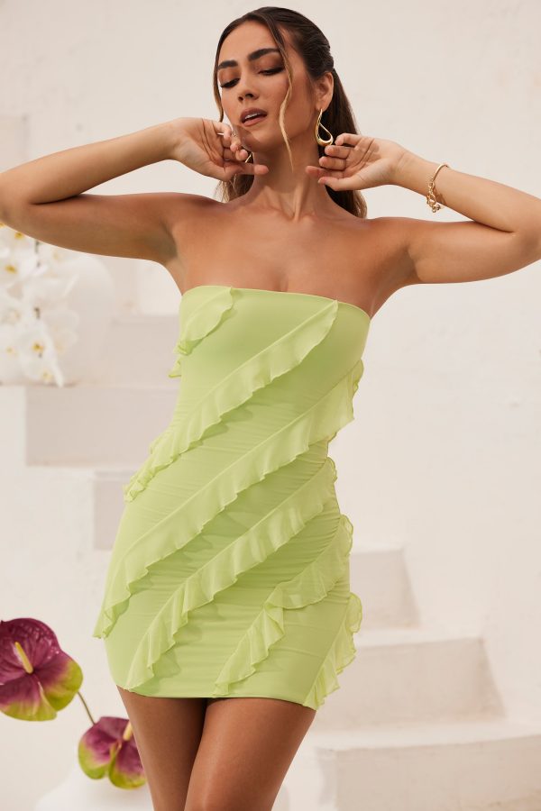 Bandeau Ruffle Detail Mini Dress in Lime Green - Image 7