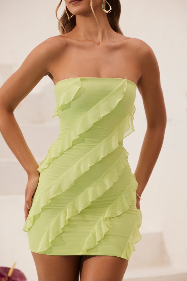 Bandeau Ruffle Detail Mini Dress in Lime Green - Image 4