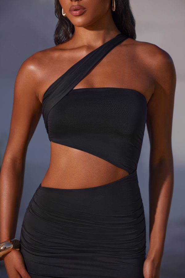 Asymmetric Neckline Ruched Cut Out Maxi Dress in Black - Image 8