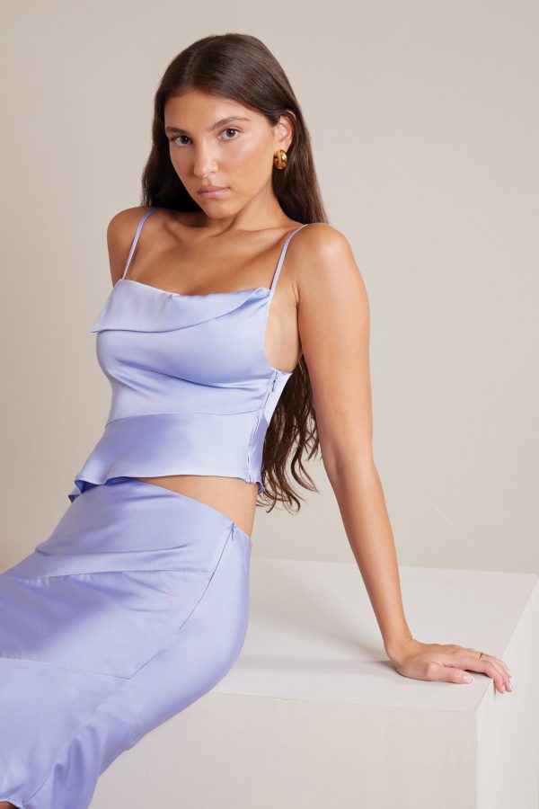 Bias Cut Satin Cowl Neck Crop Top in Periwinkle - Image 4