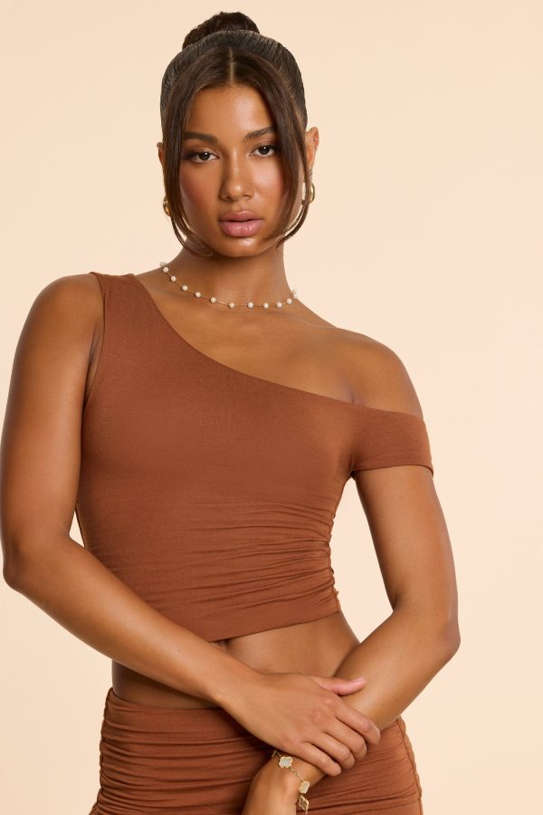 Asymmetric Neck Ruched Modal Cashmere Blend Top in Chestnut Brown - Image 4