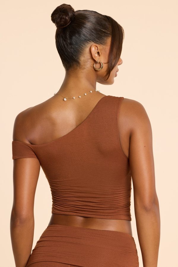 Asymmetric Neck Ruched Modal Cashmere Blend Top in Chestnut Brown - Image 2