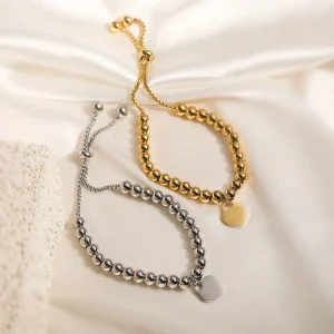 Retro Minimalist Heart Shape 304 Stainless Steel Ball Chain Bracelets In Bulk
