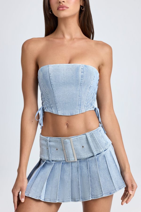 Belted Pleated Low-Rise Micro Mini Skirt in Light Blue Stonewash - Image 4