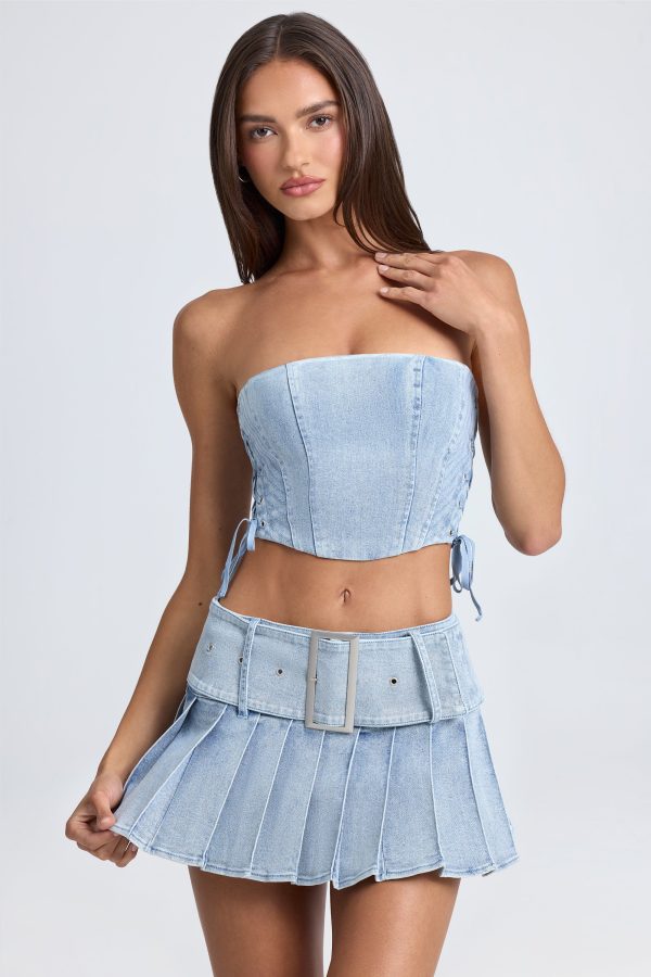 Belted Pleated Low-Rise Micro Mini Skirt in Light Blue Stonewash - Image 5