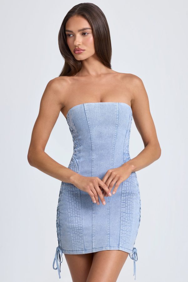 Bandeau Lace-Up Mini Dress in Light Blue Stonewash - Image 7
