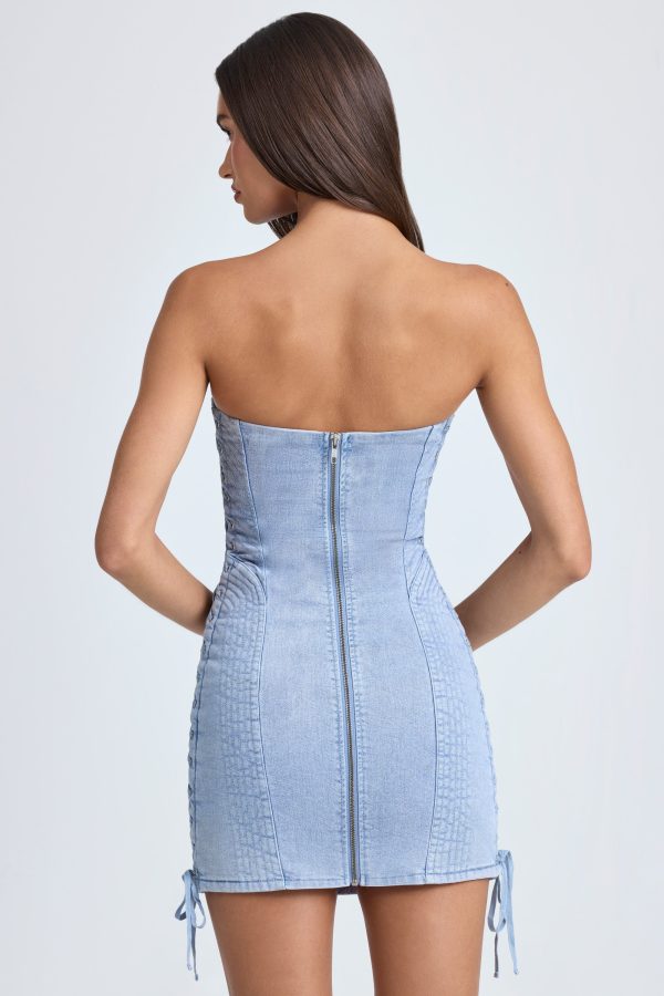 Bandeau Lace-Up Mini Dress in Light Blue Stonewash - Image 2