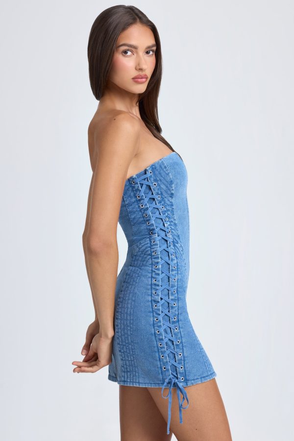 Bandeau Lace-Up Mini Dress in Mid Blue Stonewash - Image 3