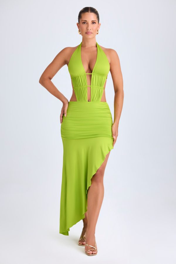 Asymmetric Cut-Out Halterneck Midaxi Dress in Lime Green - Image 8