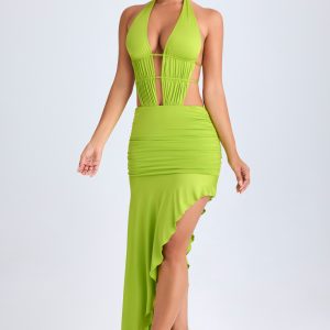 Asymmetric Cut-Out Halterneck Midaxi Dress in Lime Green