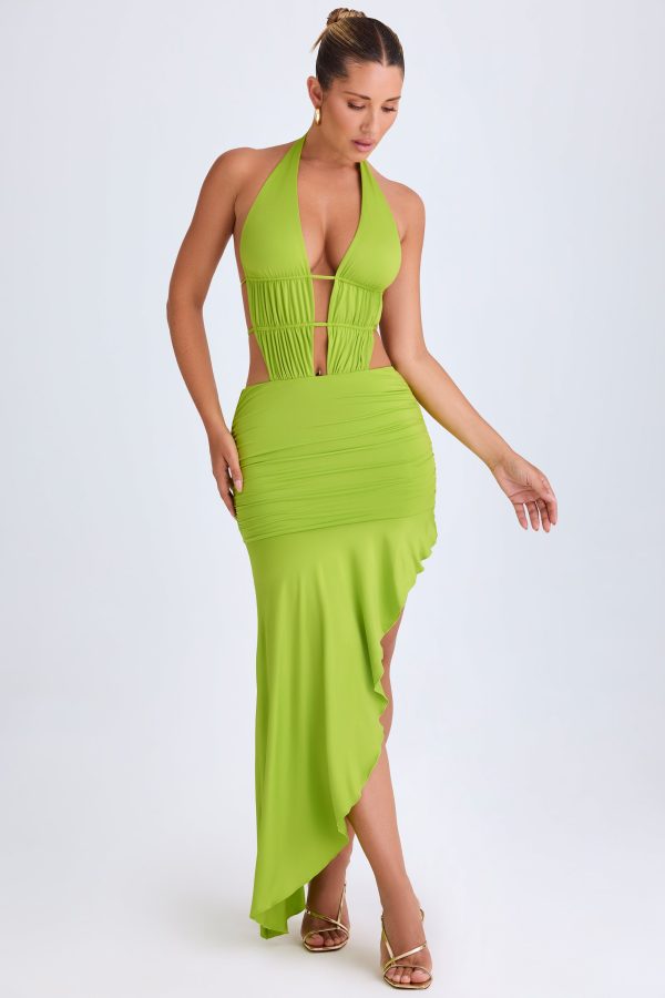 Asymmetric Cut-Out Halterneck Midaxi Dress in Lime Green - Image 4