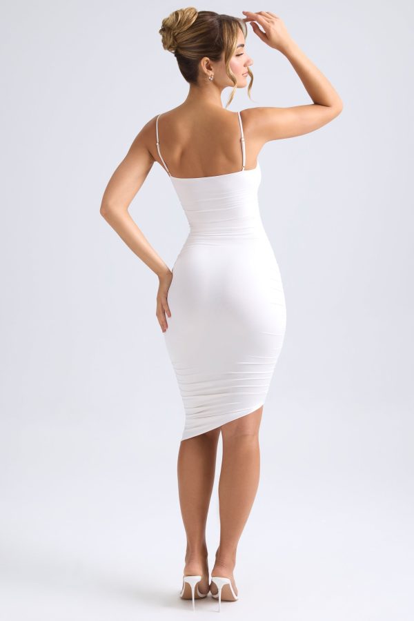 Asymmetric Ruched Midi Dress in Ivory - Image 2