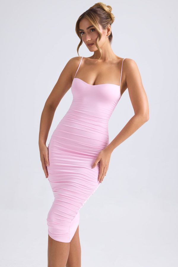 Asymmetric Ruched Midi Dress in Light Pink - Image 4