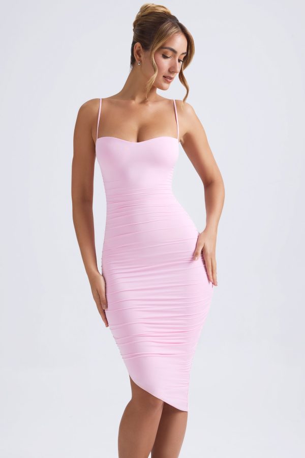 Asymmetric Ruched Midi Dress in Light Pink - Image 8