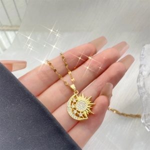 Artistic Sun Moon Stainless Steel Copper Plating Inlay Zircon Pendant Necklace