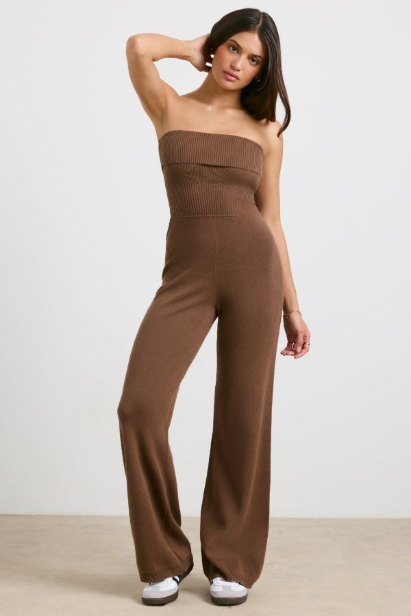 Bandeau Kick Flare Chunky Knit Jumpsuit in Coco - Image 9