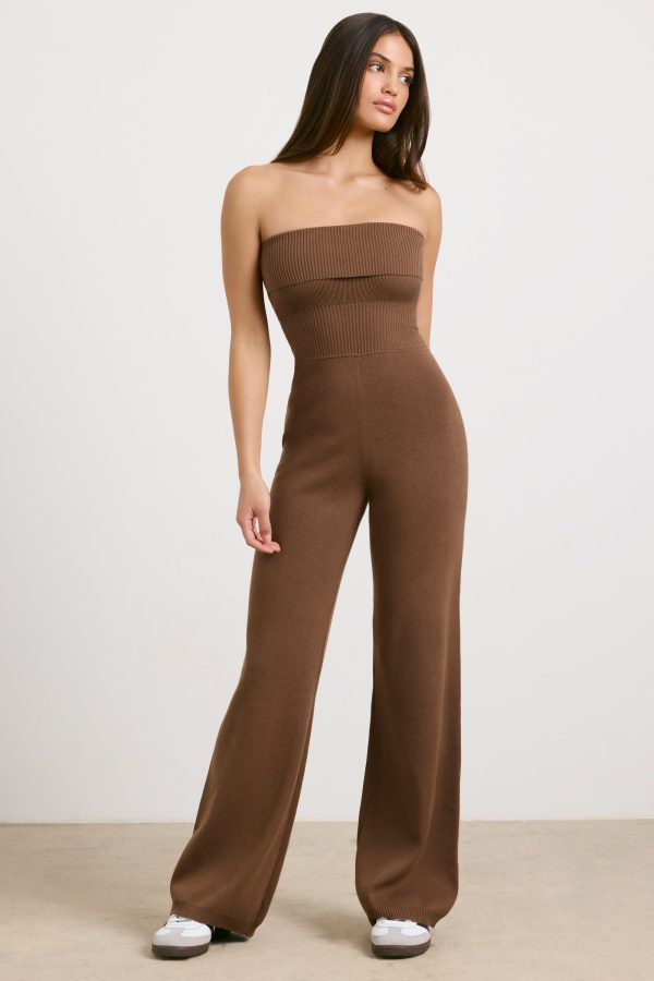 Bandeau Kick Flare Chunky Knit Jumpsuit in Coco - Image 10