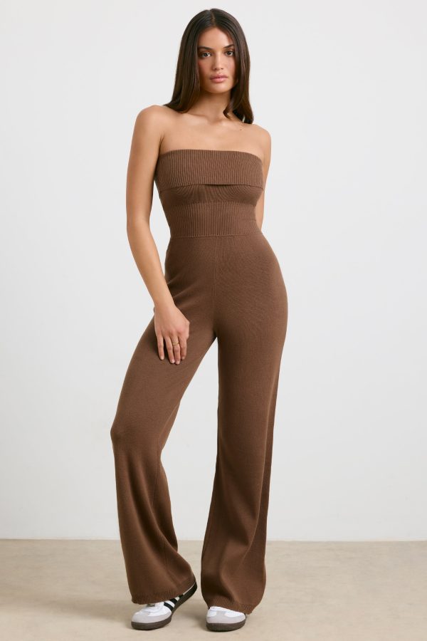Bandeau Kick Flare Chunky Knit Jumpsuit in Coco - Image 6