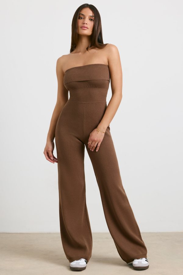 Bandeau Kick Flare Chunky Knit Jumpsuit in Coco - Image 7
