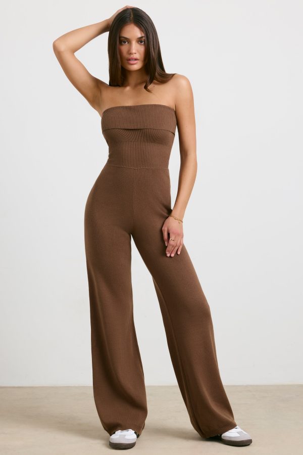 Bandeau Kick Flare Chunky Knit Jumpsuit in Coco