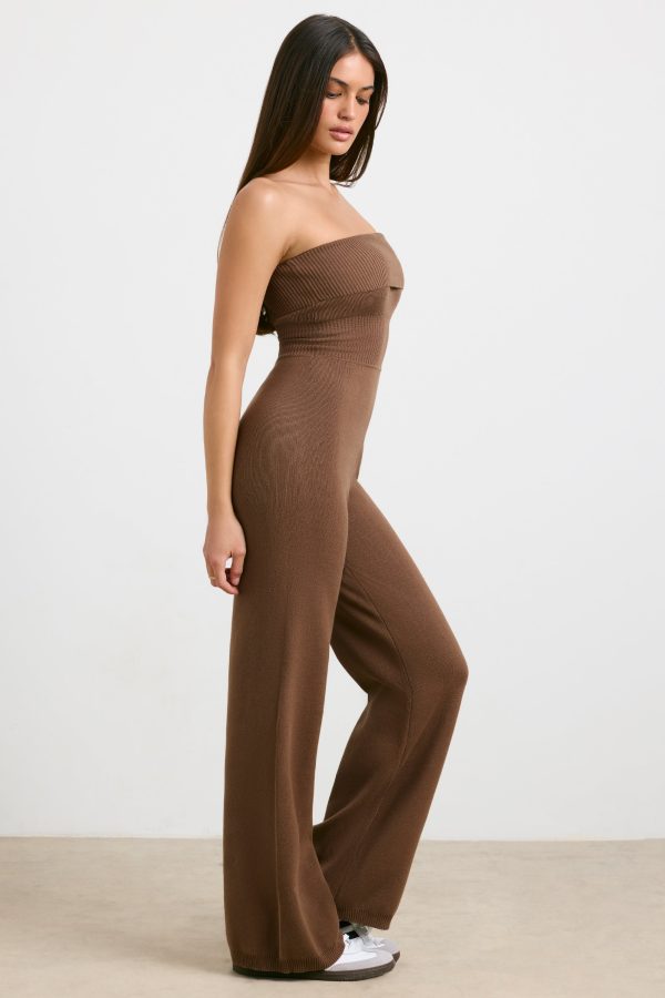 Bandeau Kick Flare Chunky Knit Jumpsuit in Coco - Image 3