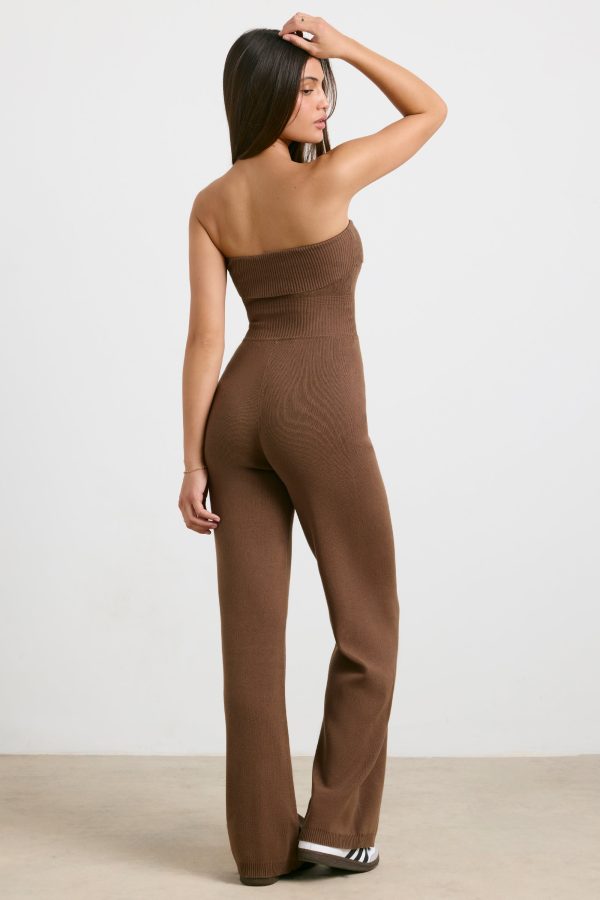 Bandeau Kick Flare Chunky Knit Jumpsuit in Coco - Image 2