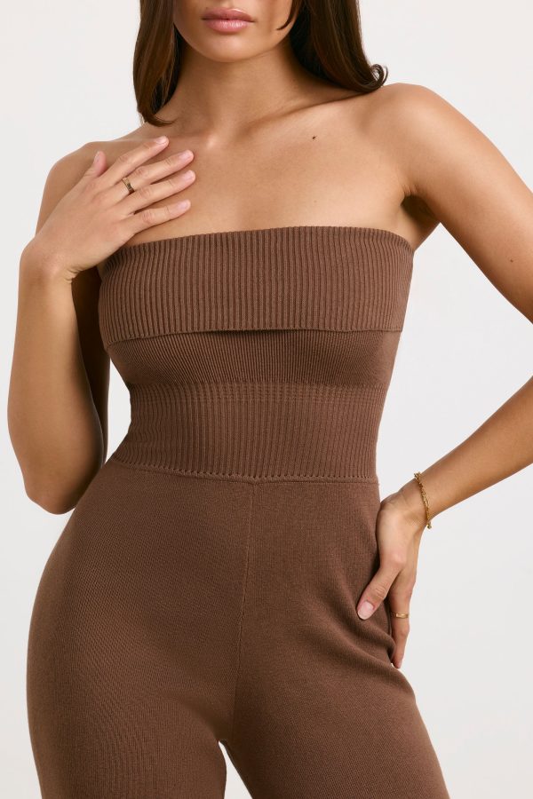 Bandeau Kick Flare Chunky Knit Jumpsuit in Coco - Image 4