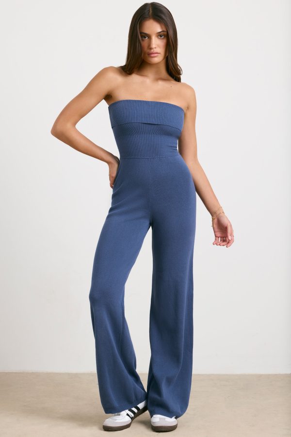 Bandeau Kick Flare Chunky Knit Jumpsuit in Washed Navy - Image 6
